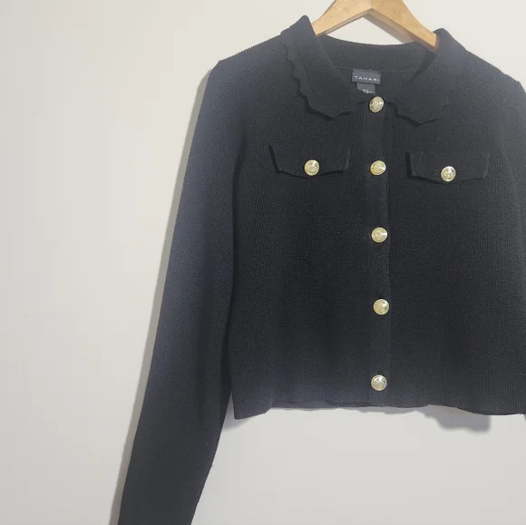 Tahari Black Cropped Textured Knit Cardigan Scalloped Collar Gold Buttons XS - Picture 2 of 7